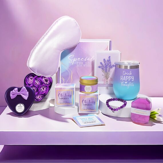 MUJUZE Geschenke für Frauen,Drink Happy Thoughts-Positive Geschenk Frau,Weinbecher Geschenkset Geburtstag Frauen,Wellness Geschenkkorb für Beste Freundin,Schwester,Damen Geschenk,Gifts for Women