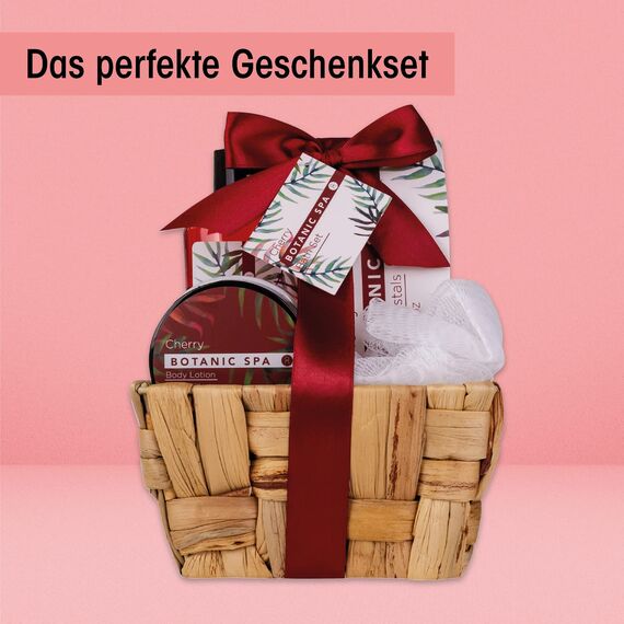 Accentra – Badeset Frauen CHERRY SPA im Seegraskorb – 4-teiliges Pflegeset mit Duschgel, Badesalz, Bodylotion & Netzschwamm – Wellness Geschenkset zum Geburtstag, Valentinstag & Weihnachten