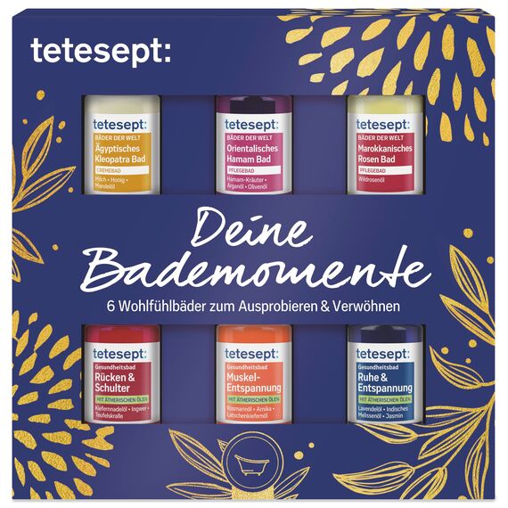 tetesept Geschenkset Deine Bademomente 6 x 20 ml – 6 Badezusätze als Probierset – Wohlfühlbäder zum Ausprobieren, Verwöhnen und Verschenken