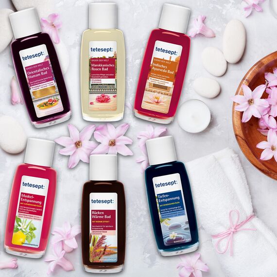 tetesept Bäder Geschenkset Bademomente – Badezusatz Probierset mit Geschenkanhänger - das ideale Präsent für jeden Anlass – 1 x Badeset (6 x 20 ml)