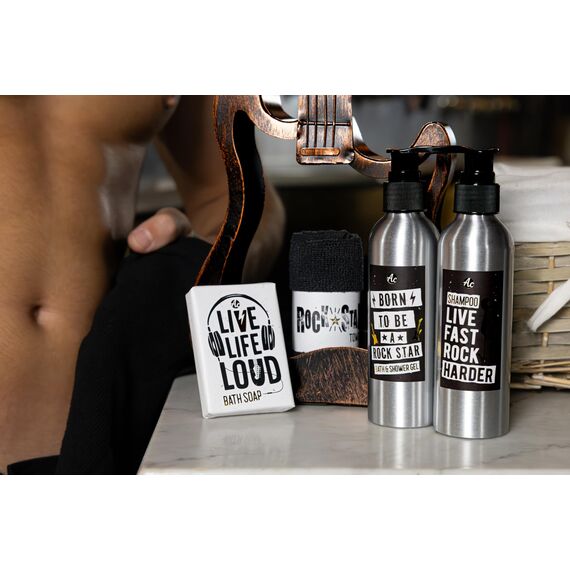 Accentra Geschenkset ROCKSTAR, Pflegeset in Metall Gitarre in braun mit Duschgel, Shampoo, Seife und Handtuch, als besondere rockige Geschenkidee für Geburtstag, Vatertag, Muttertag und Weihnachten