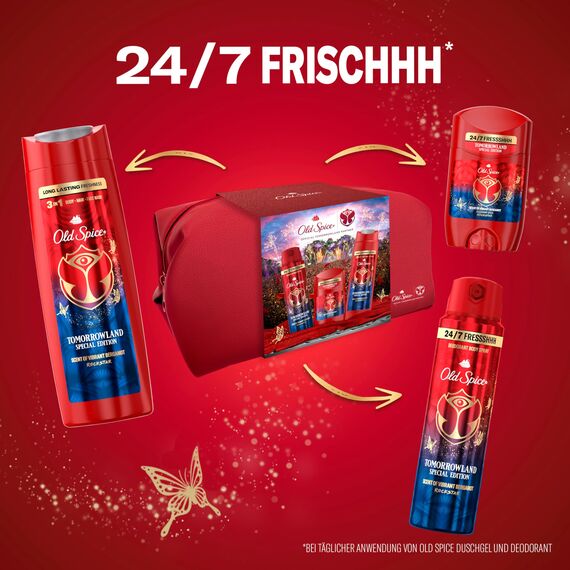 Old Spice Tomorrowland Geschenkset in Sonderedition mit Kulturtasche, Deostick, Deospray und Duschgel, 24-7 Frischhh bei täglicher Anwendung