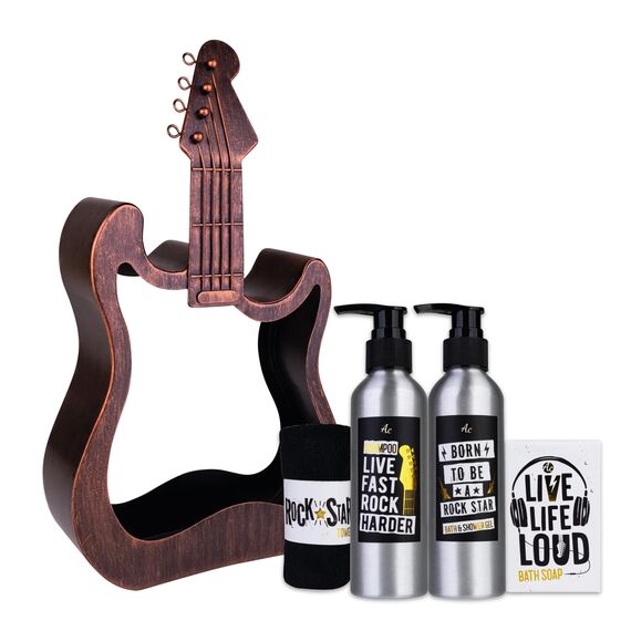 Accentra Geschenkset ROCKSTAR, Pflegeset in Metall Gitarre in braun mit Duschgel, Shampoo, Seife und Handtuch, als besondere rockige Geschenkidee für Geburtstag, Vatertag, Muttertag und Weihnachten