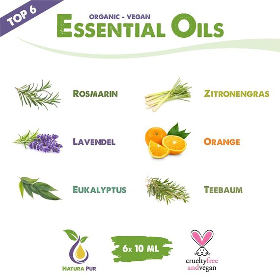 Ätherische Öle Set BIO - 100% naturrein, vegan - Duftöle für Diffuser - Aromaöle für Aromatherapie, 6 x 10ml (Rosmarin, Lavendel, Eukalyptus, Zitronengras, Orange, Teebaum)