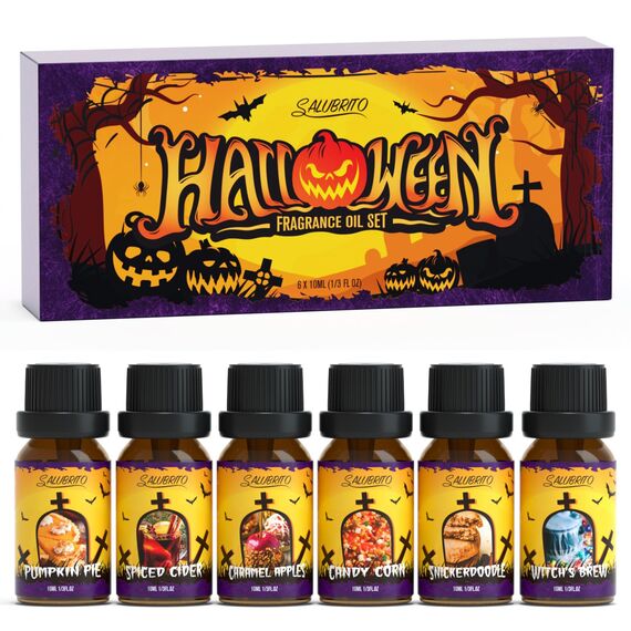 SALUBRITO Halloween Ätherisches Öle Set, Aromatherapie Duftöl für Diffusor, Kürbiskuchen, Gewürz-Apfelwein, Karamellapfel, Zuckermais, Hexengebräu, Gruselig Duftöl GeschenkSet