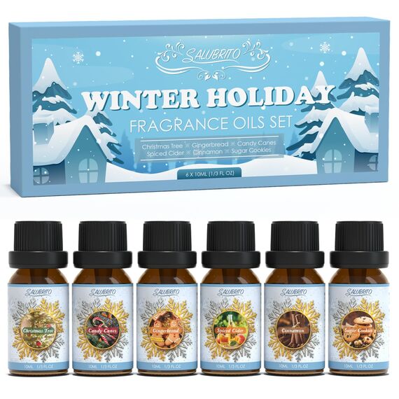 SALUBRITO Winter Ätherische Öle Set für Diffuser, Naturrein Aromatherapie Duftöl für Diffusor 6 x 10ml – Zimt, Weihnachtsbaum, Lebkuchen, Zuckerstangen, Gewürzmost, Zuckerplätzchen