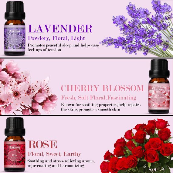 SALKING Ätherische Öle Set, Aromatherapie Duftöl GeschenkSet, 100% Pure Duftöle für Diffuser Duftlampen Luftbefeuchter, Massage, 6 x 10 ml (Lavendel, Rose, Kirschblüte, Jasmin, Gardenie, Kamille)