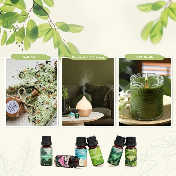 SALKING Natur Ätherische Öle Set, Aromatherapie Duftöl GeschenkSet, Pure Duftöle für Diffuser Luftbefeuchter, 6x10 ml (Kiefer, Meeresbrise, Regen, frisch geschnittenes Gras, Wildblumen, Bergluft)