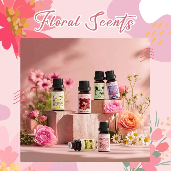 SALKING Blumen Ätherische Öle Set, Aromatherapie Duftöl GeschenkSet, Pure Duftöle für Diffuser Luftbefeuchter, 6x10 ml (Lavendel, Kirschblüte, Gardenie, Rose, Ylang-Ylang, Kamille)
