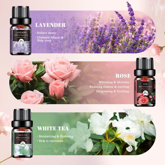 AESHORY Blumen Ätherische Öle Set 6 x 10ML, 100% Naturrein Blumige Essential Oils, Aromatherapie Duftöl für Diffuser Luftbefeuchter - Lavendel, Rose, Jasmin, Kirschblüte, Weißer Tee, Ylang Ylang