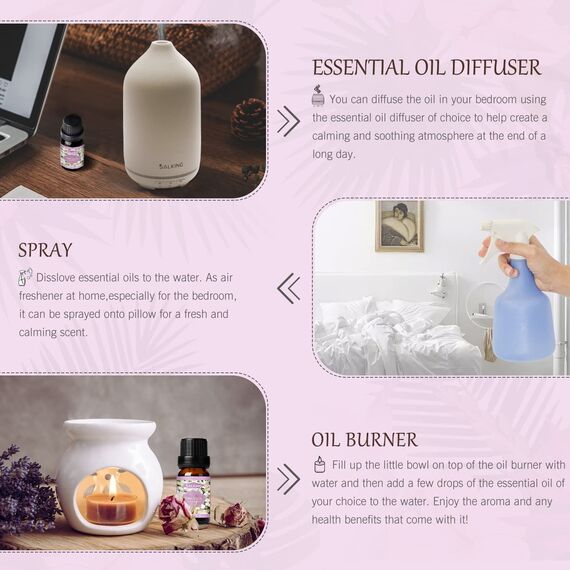 SALKING Ätherische Öle Set, Aromatherapie Duftöl GeschenkSet, 100% Pure Duftöle für Diffuser Duftlampen Luftbefeuchter, Massage, 6 x 10 ml (Lavendel, Rose, Kirschblüte, Jasmin, Gardenie, Kamille)