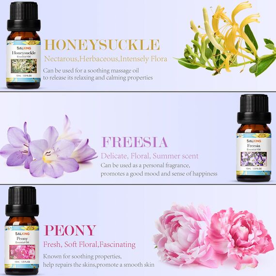 SALKING Blume Ätherische Öle Set, Aromatherapie Duftöl GeschenkSet, 100% für Diffuser Duftlampen Luftbefeuchter, Massage, 6 x 10 ml (Jasmin,Geranie,Orangenblüte Geißblatt, Freesie, Pfingstrose)