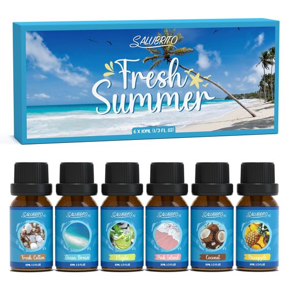 SALUBRITO Sommer Ätherische Öle Set, Aromatherapie Duftöl für Diffuser, Kerzenherstellung, Meeresbrise, Rosa Insel, Tropischer Mojito, Frische Baumwolle, Ananas, Kokosnuss, Geschenkset für Frauen