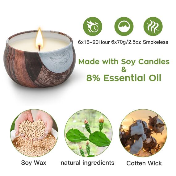 Duftkerzen Set für Damen und Herren mit Dekorative Holzbox Kleine Geschenke für Alle 6er Kerzenset mit Sprüche Natürliche Soja-kerze zum Geburtstag/Valentinstags