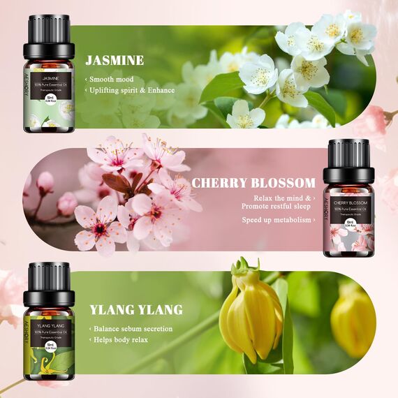 AESHORY Blumen Ätherische Öle Set 6 x 10ML, 100% Naturrein Blumige Essential Oils, Aromatherapie Duftöl für Diffuser Luftbefeuchter - Lavendel, Rose, Jasmin, Kirschblüte, Weißer Tee, Ylang Ylang
