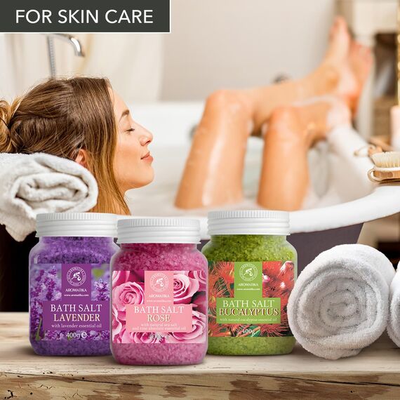 Bademeersalz Set 3x400g Lavendel mit Lavendelöl, Rose mit Absolutes ätherisches Rosenöl, Eukalyptus mit Eukalyptusöl - Meersalz - Salz Geschenkset für Guten Schlaf - Stressabbau - Baden - Körperpflege