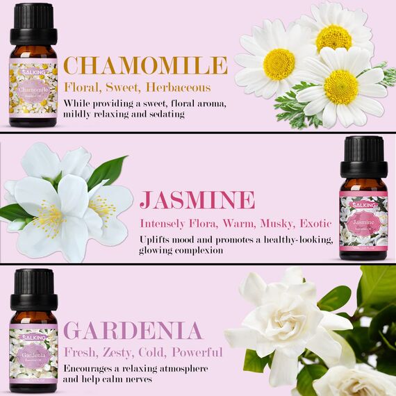 SALKING Ätherische Öle Set, Aromatherapie Duftöl GeschenkSet, 100% Pure Duftöle für Diffuser Duftlampen Luftbefeuchter, Massage, 6 x 10 ml (Lavendel, Rose, Kirschblüte, Jasmin, Gardenie, Kamille)
