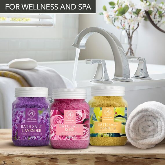 Bademeersalz Set 3x400g Lavendel mit Lavendelöl, Rose mit Absolutes ätherisches Rosenöl, Eukalyptus mit Eukalyptusöl - Meersalz - Salz Geschenkset für Guten Schlaf - Stressabbau - Baden - Körperpflege