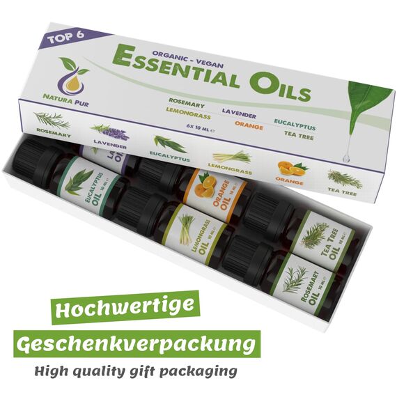 Ätherische Öle Set BIO - 100% naturrein, vegan - Duftöle für Diffuser - Aromaöle für Aromatherapie, 6 x 10ml (Rosmarin, Lavendel, Eukalyptus, Zitronengras, Orange, Teebaum)