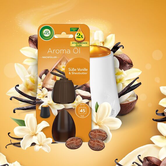 Air Wick Aroma-Öl Flakon Nachfüller – Duft: Süße Vanille und Sheabutter – Süßlicher Wohnungsduft mit ätherischen Ölen – 6 x 20ml Duftöl Set