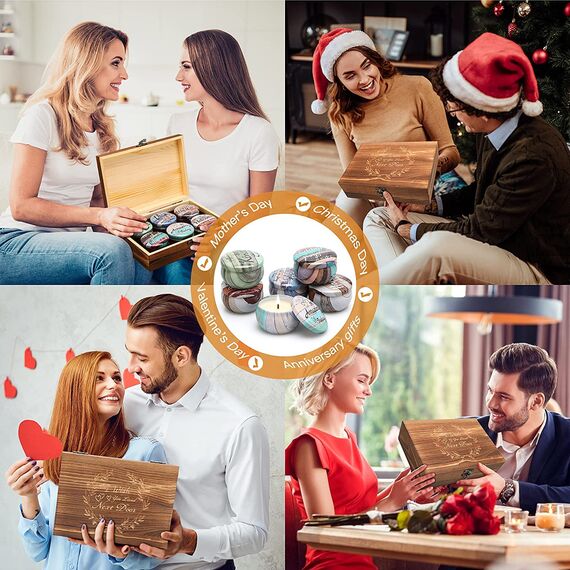 Duftkerzen Set für Damen und Herren mit Dekorative Holzbox Kleine Geschenke für Alle 6er Kerzenset mit Sprüche Natürliche Soja-kerze zum Geburtstag/Valentinstags