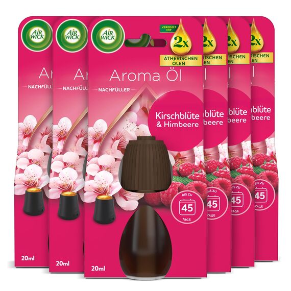 Air Wick Aroma-Öl Flakon Nachfüller – Duft: Kirschblüte und Himbeere – Fruchtig-floraler Wohnungsduft mit ätherischen Ölen – 6 x 20ml Duftöl Set