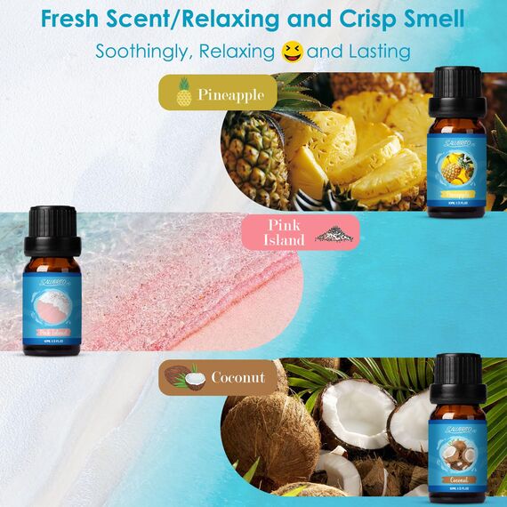 SALUBRITO Sommer Ätherische Öle Set, Aromatherapie Duftöl für Diffuser, Kerzenherstellung, Meeresbrise, Rosa Insel, Tropischer Mojito, Frische Baumwolle, Ananas, Kokosnuss, Geschenkset für Frauen