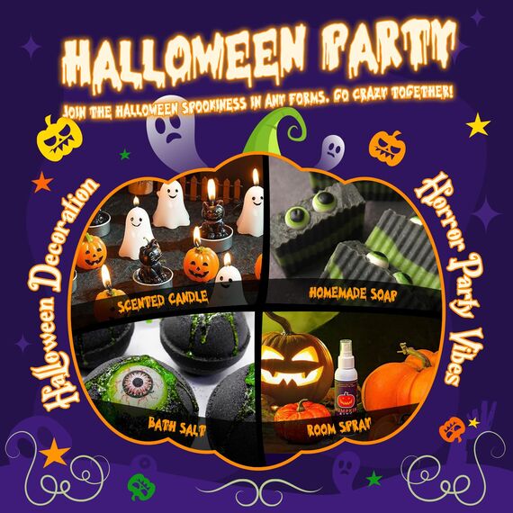 SALUBRITO Halloween Ätherisches Öle Set, Aromatherapie Duftöl für Diffusor, Kürbiskuchen, Gewürz-Apfelwein, Karamellapfel, Zuckermais, Hexengebräu, Gruselig Duftöl GeschenkSet