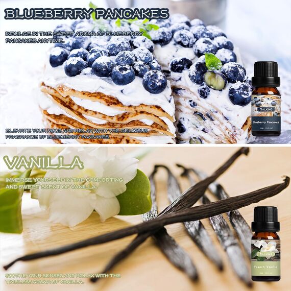 SALKING Café Ätherische Öle Set, Aromatherapie GeschenkSet, Pure Duftöle für Diffuser Duftlampen Luftbefeuchter, 6x10 ml (Blaubeerpfannkuchen, Kaffee, Latte, Schokolade, Vanille, schwarzer Tee)