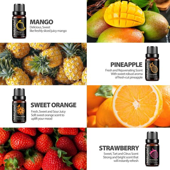 MAYJAM Duft Duftöl Set Fruchtiger 8 x 10ML, Früchte Duftöl Set für ätherischer Öle Diffusor Kerze Herstellung mit Orange/Erdbeere/Mango/Ananas/Papaya/Limette/Banane/Passionsfrucht