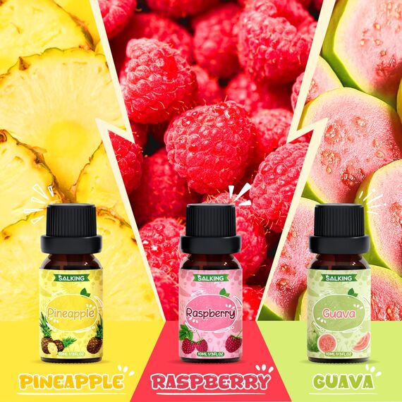 SALKING Früchte Ätherische Öle Set, 6x10mL 100% Aromatherapie Duftöl GeschenkSet für Diffuser, Luftbefeuchter, Massage, Kirsche, Ananas, Himbeere, süße Orange, grüner Apfel,Guave