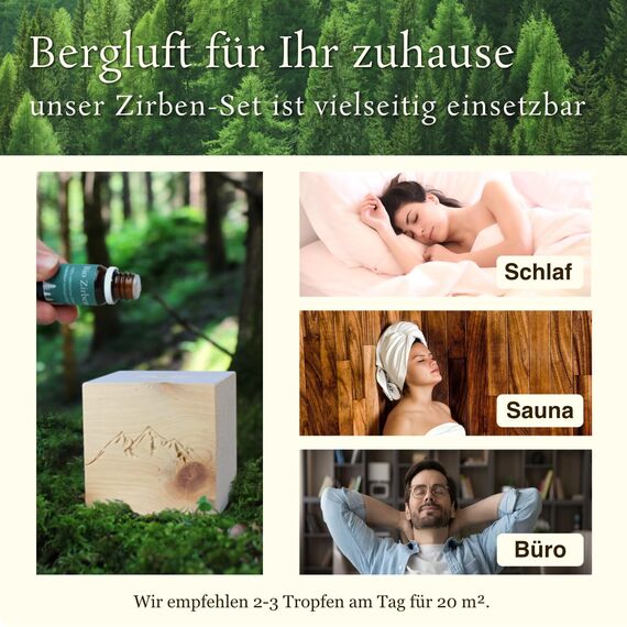 Alpen Zirben-Würfel Duft-Set | Zirbenholz-Würfel mit Motiv und Tropfstruktur + Zirben-Öl (10 ml) | Duftspender aus Holz (Berge)