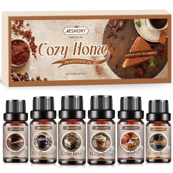 AESHORY Cozy Home Ätherische Öle Set 6 x 10ML, Aromatherapie Duftöl Geschenkset für Diffuser, Kerzenherstellung - Brauner Zucker/Apfelkuchen/Kaffeekuchen/Mokka-Kaffee/Heiße Schokolade/Leder