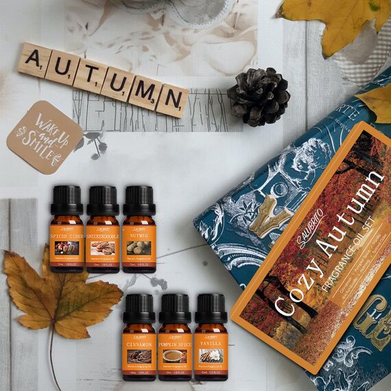 SALUBRITO Herbst Ätherische Öle Set für Diffuser, Naturrein Aromatherapie Duftöl für Diffusor 6 x 10ml – Zimt, Kürbisgewürz, gewürzter Apfelwein, Snickerdoodle, Vanille, Muskatnuss