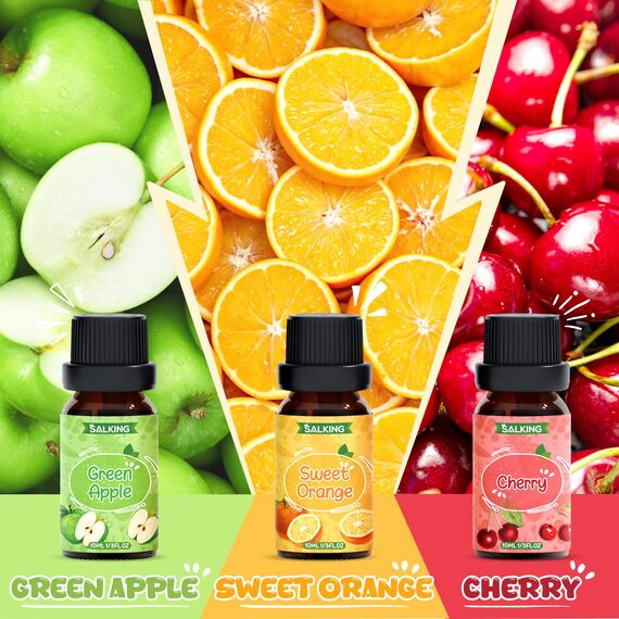 SALKING Früchte Ätherische Öle Set, 6x10mL 100% Aromatherapie Duftöl GeschenkSet für Diffuser, Luftbefeuchter, Massage, Kirsche, Ananas, Himbeere, süße Orange, grüner Apfel,Guave