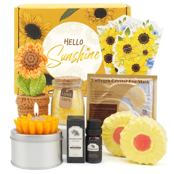 Geschenke für Frauen, Geschenk Freundin Geburtstag, 8tlg Sonnenblumen Geburtstag beinhaltet Duftkerze, Rubbellose Grußkarte, Positive Sonnenblumen, Weihnachtstag Geschenkset für Schwester Mama