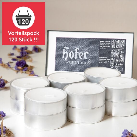 HOFER MAXI TEELICHTER 120 Stk. - bis zu 10 Stunden Brenndauer - Das Original | große XXL Teelichter - Großpackung - lange Brenndauer, ohne Duft | Kerzen zum Dekorieren, Feiern, Genießen, Entspannen