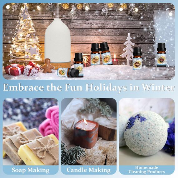 SALUBRITO Winter Ätherische Öle Set für Diffuser, Naturrein Aromatherapie Duftöl für Diffusor 6 x 10ml – Zimt, Weihnachtsbaum, Lebkuchen, Zuckerstangen, Gewürzmost, Zuckerplätzchen