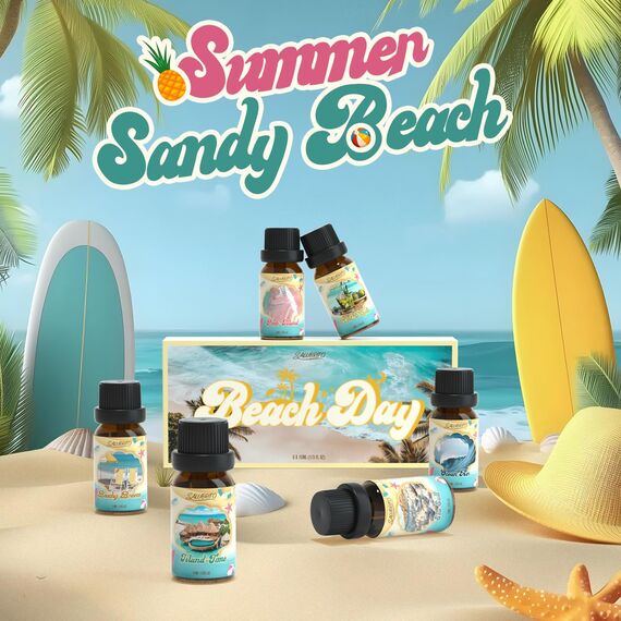 SALUBRITO Sommer Strand Ätherische Öle Set, Naturrein Aromatherapie Duftöl für Diffuser - Strandige Brise, Meersalz, Rosa Sand, Ozeanluft, Inselzeit, Pina Colada, Geschenk für Frauen