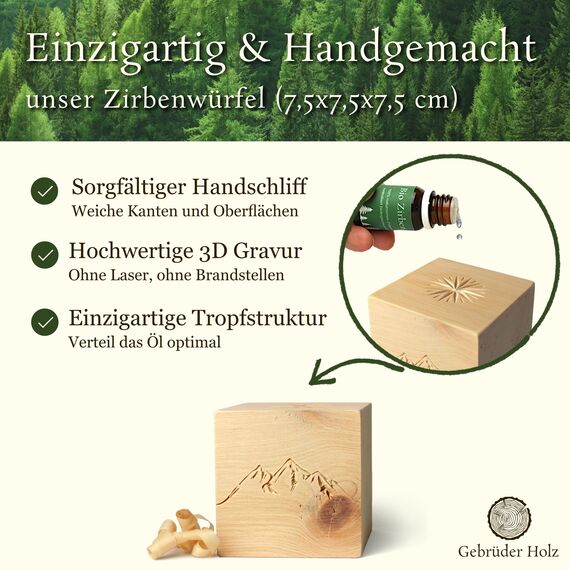 Alpen Zirben-Würfel Duft-Set | Zirbenholz-Würfel mit Motiv und Tropfstruktur + Zirben-Öl (10 ml) | Duftspender aus Holz (Berge)