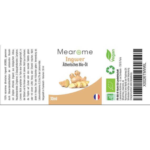 Ätherisches Ingweröl BIO - 30 ml - 100% naturreines Ingwer Öl – Zum Verzehr Kosmetik Aromatherapie – Mearôme Made in France