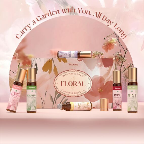 SALKING Aufrollen Ätherische Öle Set, Aromatherapie Blume Roll On Duftöl GeschenkSet, Duftöle für Diffuser Luftbefeuchter,6x10 ml Rose, Lavendel, Kirschblüte, Jasmin, Minze, Rosmarin