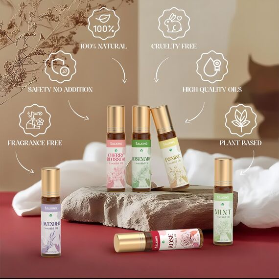 SALKING Aufrollen Ätherische Öle Set, Aromatherapie Blume Roll On Duftöl GeschenkSet, Duftöle für Diffuser Luftbefeuchter,6x10 ml Rose, Lavendel, Kirschblüte, Jasmin, Minze, Rosmarin