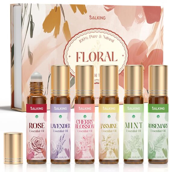 SALKING Aufrollen Ätherische Öle Set, Aromatherapie Blume Roll On Duftöl GeschenkSet, Duftöle für Diffuser Luftbefeuchter,6x10 ml Rose, Lavendel, Kirschblüte, Jasmin, Minze, Rosmarin