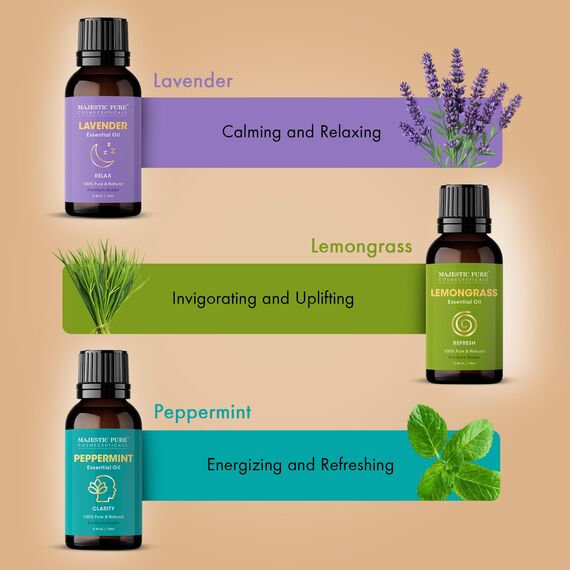 Majestic Pure 100% reines ätherisches Öl-Set – 6 x 10 ml (Pfefferminze, Lavendel, Eukalyptus, Teebaum, Zitronengras) für Diffusoren, Aromatherapie, Kerzen, Luftbefeuchter
