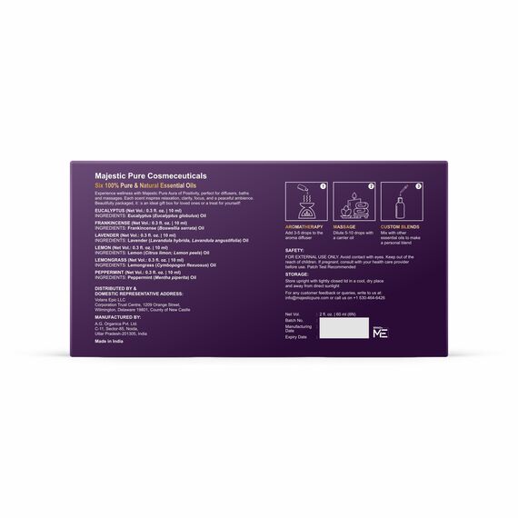 Majestic Pure 100% reines ätherisches Öl-Set – 6 x 10 ml (Pfefferminze, Lavendel, Eukalyptus, Teebaum, Zitronengras) für Diffusoren, Aromatherapie, Kerzen, Luftbefeuchter