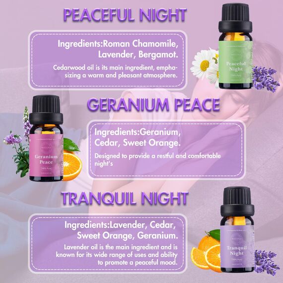 Wecona Ätherische Öle Set – 6x10ml Duftöle für Diffuser & Zuhause mit Tranquil Night, Peaceful Night, Nighttime Harmony, Vetiver Harmony, Sage Joy & Geranium Peace – Aromaöl Geschenkset
