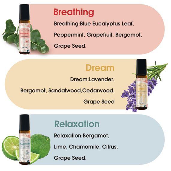 Wecona Roll On Ätherische Öle Set – 6x10ml Ätherische Öle Roll On mit Rollerflaschen, Ätherisches Öl für Entspannung, Fokus, Schlaf & Glück – Essential Oils to Go