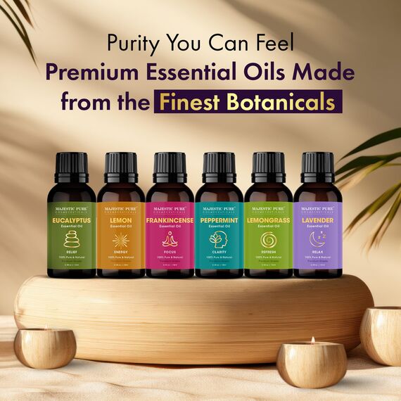 Majestic Pure 100% reines ätherisches Öl-Set – 6 x 10 ml (Pfefferminze, Lavendel, Eukalyptus, Teebaum, Zitronengras) für Diffusoren, Aromatherapie, Kerzen, Luftbefeuchter