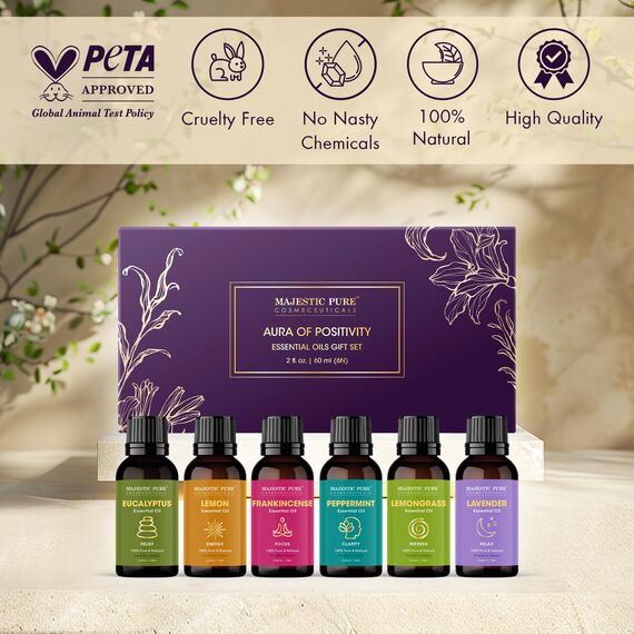 Majestic Pure 100% reines ätherisches Öl-Set – 6 x 10 ml (Pfefferminze, Lavendel, Eukalyptus, Teebaum, Zitronengras) für Diffusoren, Aromatherapie, Kerzen, Luftbefeuchter